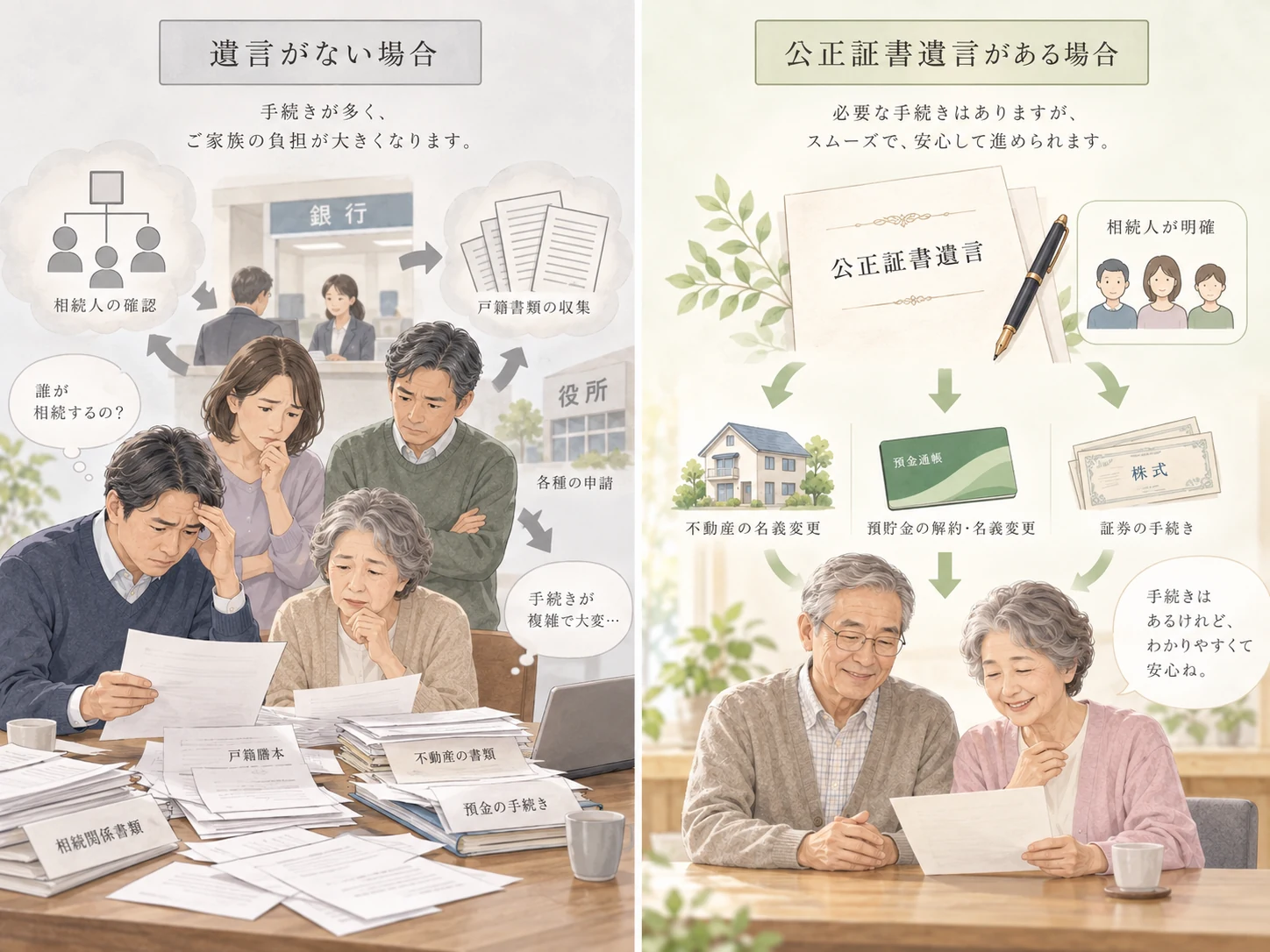 公正証書遺言がない場合とある場合の相続手続の違いを表す比較図