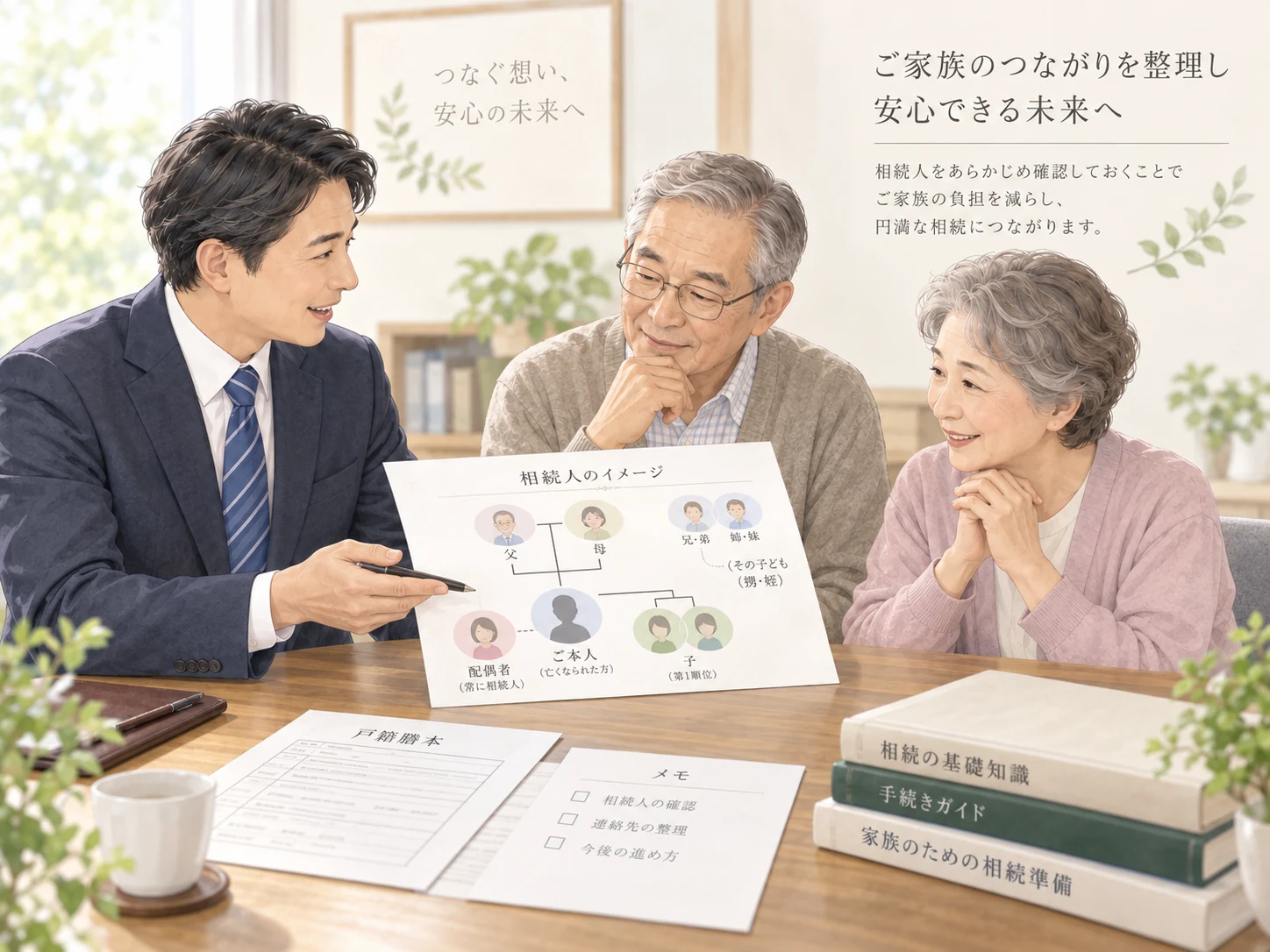 相続人になり得る家族関係を行政書士と一緒に整理するイメージ