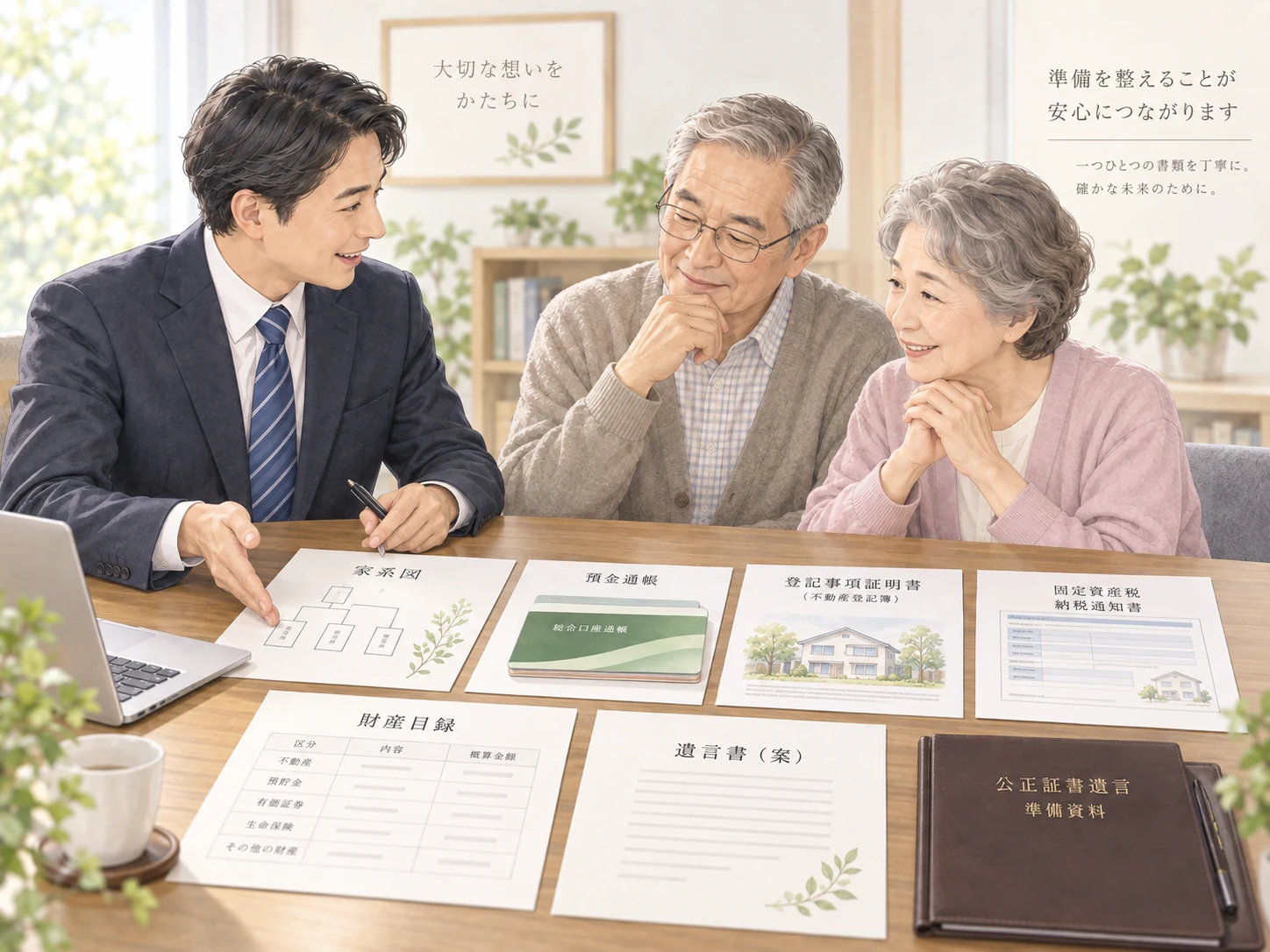 戸籍・預金通帳・不動産資料など公正証書遺言の準備資料を整理するイメージ